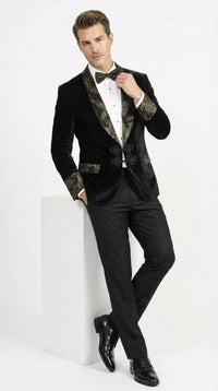 Men’s Smoking Jacket Black and Gold Embroidered Tuxedo Blazer – Luxury Velvet Formal Dinner Jacket with Paisley Lapel