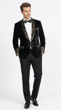 Men’s Smoking Jacket Black and Gold Embroidered Tuxedo Blazer – Luxury Velvet Formal Dinner Jacket with Paisley Lapel