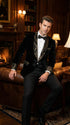 Men’s Smoking Jacket Black and Gold Embroidered Tuxedo Blazer – Luxury Velvet Formal Dinner Jacket with Paisley Lapel