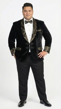 Men’s Smoking Jacket Black and Gold Embroidered Tuxedo Blazer – Luxury Velvet Formal Dinner Jacket with Paisley Lapel