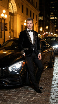 Men’s Smoking Jacket Black and Gold Embroidered Tuxedo Blazer – Luxury Velvet Formal Dinner Jacket with Paisley Lapel