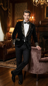Men’s Smoking Jacket Black and Gold Embroidered Tuxedo Blazer – Luxury Velvet Formal Dinner Jacket with Paisley Lapel
