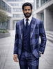 Statement Men's Big Plaid Wool Peak Lapel Modern Fit Suit 3 Piece Navy Venus (Copy)