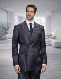 Statement Mens Modern Fit 2 Piece 100% Super 200s Wool Pinstripe Suit – Double Breasted Peak Lapel