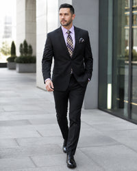 Statement Mens Modern Fit 2 Piece 100% Super 200s Wool Suit – Solid Colors, Notch Lapel Jacket
