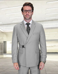 Statement Mens Modern Fit 2 Piece 100% Wool Suit – Double Breasted Jacket with Metal Buckle Closure