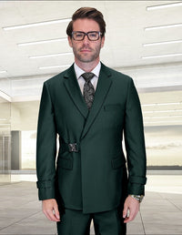 Statement Mens Modern Fit 2 Piece 100% Wool Suit – Double Breasted Jacket with Metal Buckle Closure