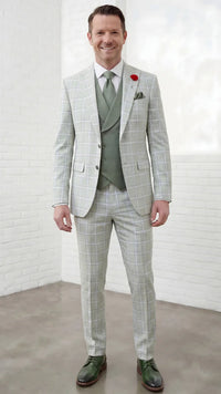 Statement Mens Modern Fit 3 Piece 100% Super 200s Wool Classic Windowpane Suit – Double Breasted Vest