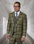 Statement Mens Modern Fit 3 Piece 100% Wool Plaid Suit – Wide Peak Lapel, Double Breasted Vest