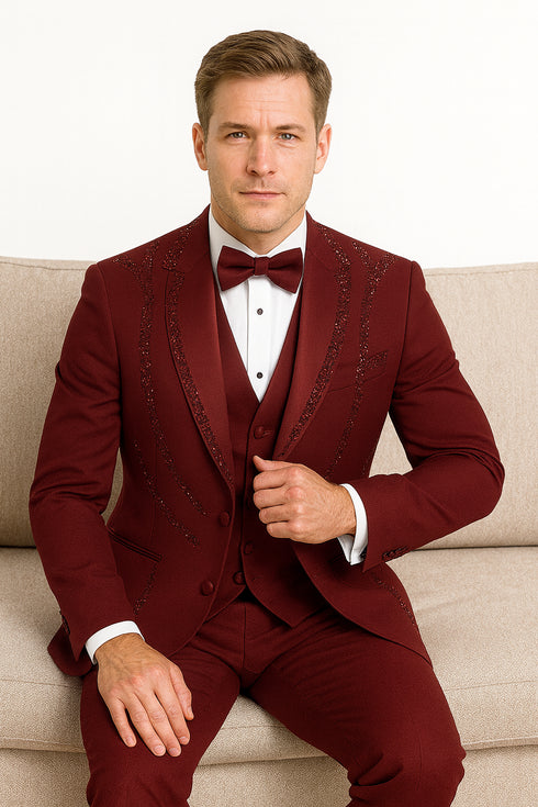 Men’s Burgundy Italian Wool 3-Piece Modern Formal Tuxedo
