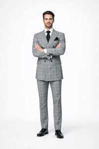 Suits With Baggy Pleated Pants - Wide Leg Pants 100% Wool - Classic Fit in Black and White Plaid Color by Rossiman