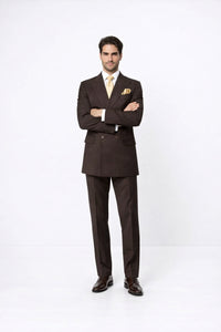 Suits With Baggy Pleated Pants - Wide Leg Pants 100% Wool - Classic Fit in Brown Color by Rossiman
