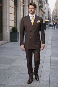 Suits With Baggy Pleated Pants - Wide Leg Pants 100% Wool - Classic Fit in Brown Color by Rossiman