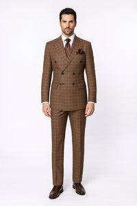 Suits With Baggy Pleated Pants - Wide Leg Pants 100% Wool - Classic Fit in Brown Plaid Color by Rossiman
