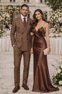 Suits With Baggy Pleated Pants - Wide Leg Pants 100% Wool - Classic Fit in Brown Plaid Color by Rossiman