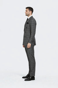 Suits With Baggy Pleated Pants - Wide Leg Pants 100% Wool - Classic Fit in Color Charcoal with Blue Plaid by Rossiman