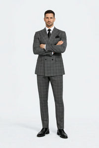 Suits With Baggy Pleated Pants - Wide Leg Pants 100% Wool - Classic Fit in Color Charcoal with Blue Plaid by Rossiman