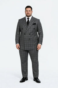 Suits With Baggy Pleated Pants - Wide Leg Pants 100% Wool - Classic Fit in Color Charcoal with Blue Plaid by Rossiman