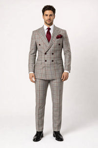 Suits With Baggy Pleated Pants - Wide Leg Pants 100% Wool - Classic Fit in Color Grey with Red Plaid by Rossiman