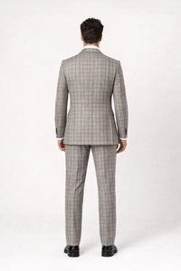 Suits With Baggy Pleated Pants - Wide Leg Pants 100% Wool - Classic Fit in Color Grey with Red Plaid by Rossiman