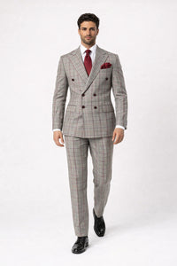 Suits With Baggy Pleated Pants - Wide Leg Pants 100% Wool - Classic Fit in Color Grey with Red Plaid by Rossiman