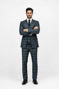 Suits With Baggy Pleated Pants - Wide Leg Pants 100% Wool - Classic Fit in Green Color by Rossiman