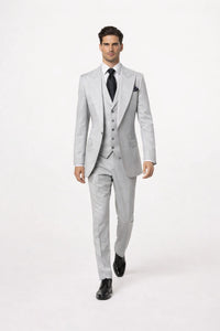 Suits With Baggy Pleated Pants - Wide Leg Pants 100% Wool - Classic Fit in Grey One Button 3 Piece Suit by Rossiman