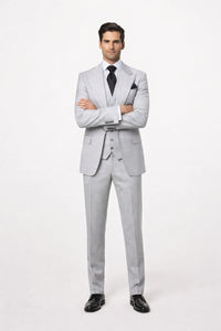 Suits With Baggy Pleated Pants - Wide Leg Pants 100% Wool - Classic Fit in Grey One Button 3 Piece Suit by Rossiman