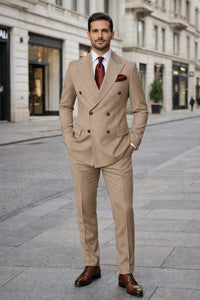 Suits With Baggy Pleated Pants - Wide Leg Pants 100% Wool - Classic Fit in Light Brown with Brown Pinstripe Color by Rossiman