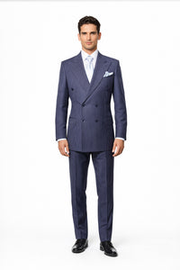 Suits With Baggy Pleated Pants - Wide Leg Pants 100% Wool - Classic Fit in Navy with White Pinstripe Color by Rossiman