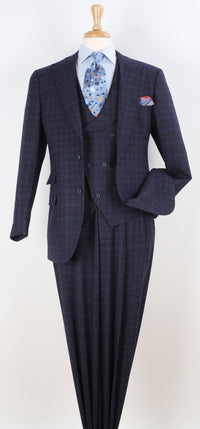 Mens Suit With Pleated Pants - Semi Wide Leg 100% Wool Super 150's Big Peak Lapel Classic Fit Athletic Cut With Double breasted Vest in Blue Check