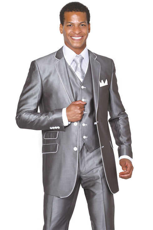 Mens 2 Button Vested Sharkskin Suit with Contrast Trim in Grey