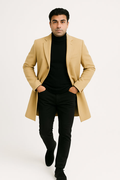 Mens Beige Wool Overcoat with Classic Notch Lapel and Single-Breasted Closure - Light Tan Sand Color