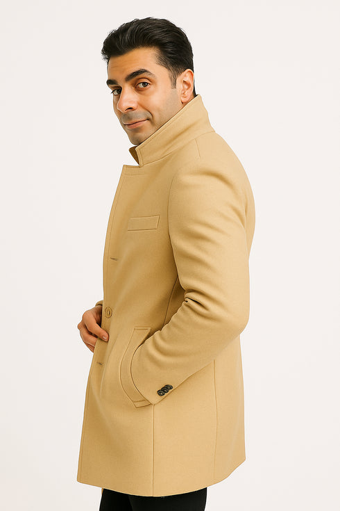 Mens Beige Wool Overcoat with Classic Notch Lapel and Single-Breasted Closure - Light Tan Sand Color