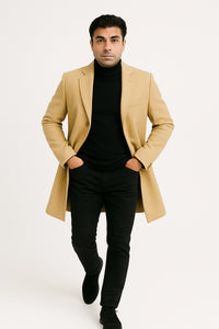 Great Gatsby Package - Mens Camel Overcoat with Beige Tweed 3-Piece Suit Combo 4 Items Formal Winter Outfit