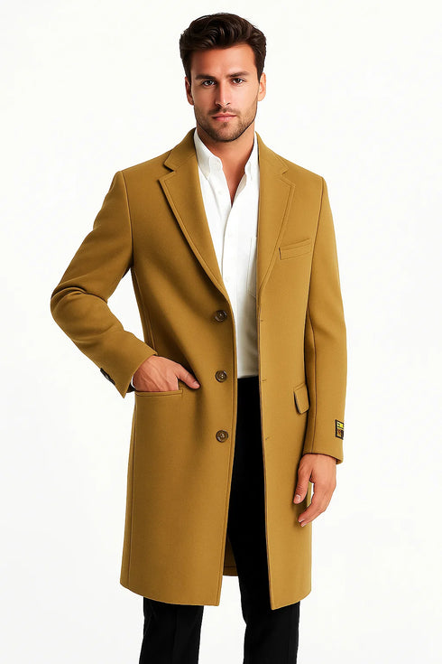 Mens Camel Full Length Wool Overcoat