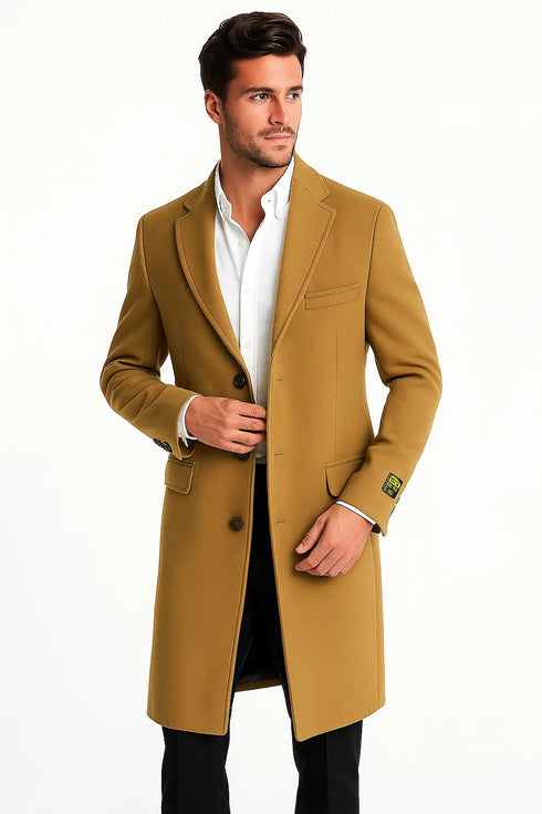 Mens Camel Full Length Wool Overcoat