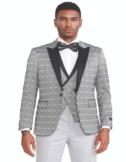 Mens Gray Tuxedo - Grey Wedding Suit-Mens Slim Fit One Button Peak Lapel Tuxedo With Double Brested Vest In Silver Grey Plaid