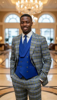 Statement Men's 3 Piece Plaid 100% Wool Modern Fit Suit - Double Breasted Vest