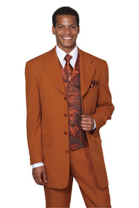 Mens 3/4 Length 4 button Contrast Stitching Suit with Paisley Vest in Rust