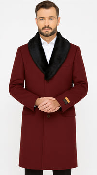 Ticket Pocket Designer Wool Peacoat Sale ~ Wool men's Car Coat Mid Length Three quarter length coat ~ Overcoat With Fur Collar Burgundy Long Jacket