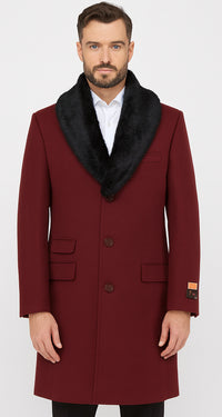 Ticket Pocket Designer Wool Peacoat Sale ~ Wool men's Car Coat Mid Length Three quarter length coat ~ Overcoat With Fur Collar Burgundy Long Jacket