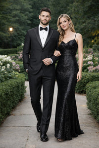 Tiglio Mens Slim Fit Black Wool Tuxedo – Satin Peak Lapel Formal Dinner Suit