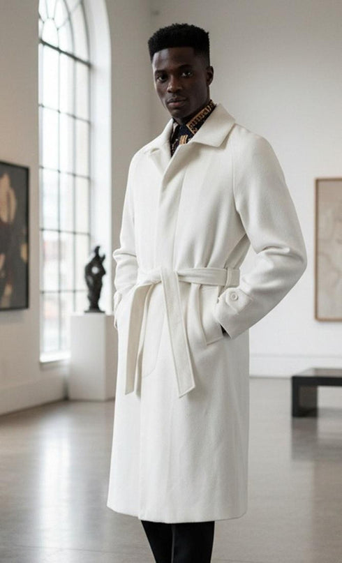 Topcoat - Falcone Mens Winter White Belted Top Coat Wool Full Length