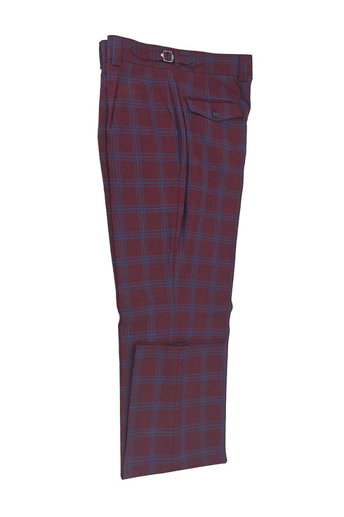 Tiglio Luxe Bordeaux Red with Blue Windowpane Semi-Wide Leg Wool Marbella Dress Pants TL3305