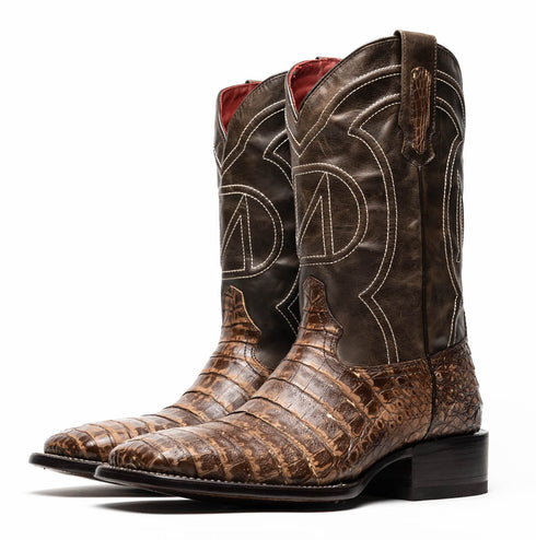 Marco Di Milano Tuscon Stone Brown Caiman Crocodile Square Toe Cowboy Boots