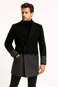 Mens Two-Tone Double-Breasted Overcoat in Black and Charcoal Gray Wool Fabric Topcoat