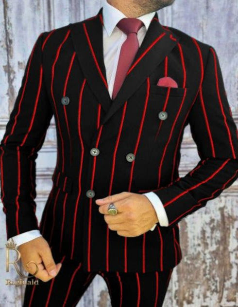 Mens Double Breasted Gangster Six Button Suit in Black/Black and Red Pinstripe