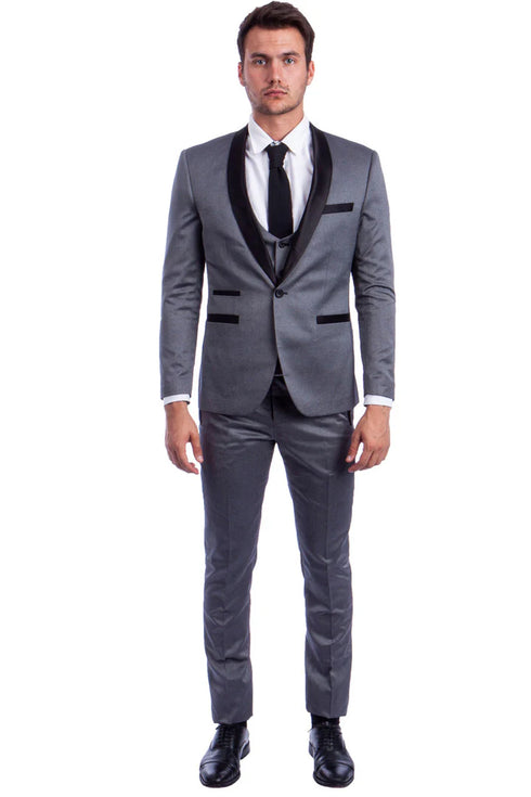 Mens Gray Tuxedo - Grey Wedding Suit-Mens One Button Low Cut Vested Shawl Tuxedo In Grey
