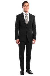 Men's One Button Peak Lapel Skinny Wedding Prom Suit with Lowcut Vest in Black